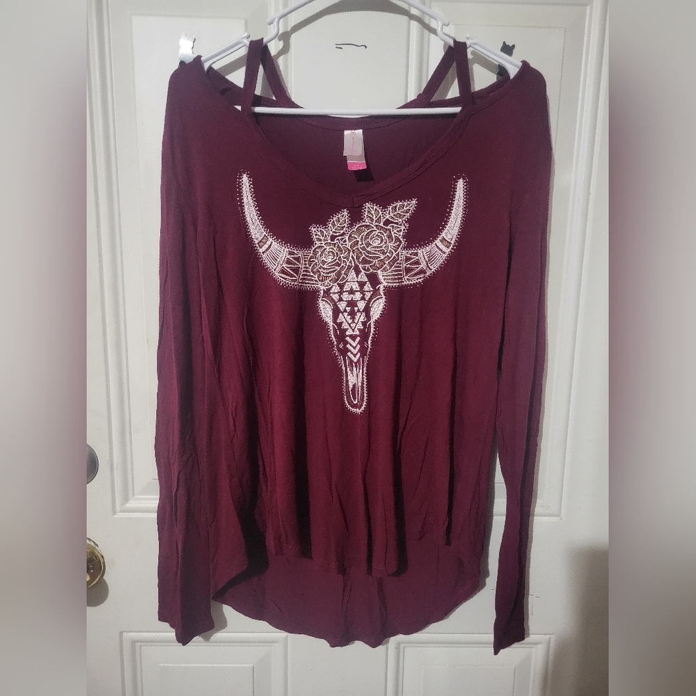 No Boundaries Maroon Long Sleeve Top with Bull Skull Design